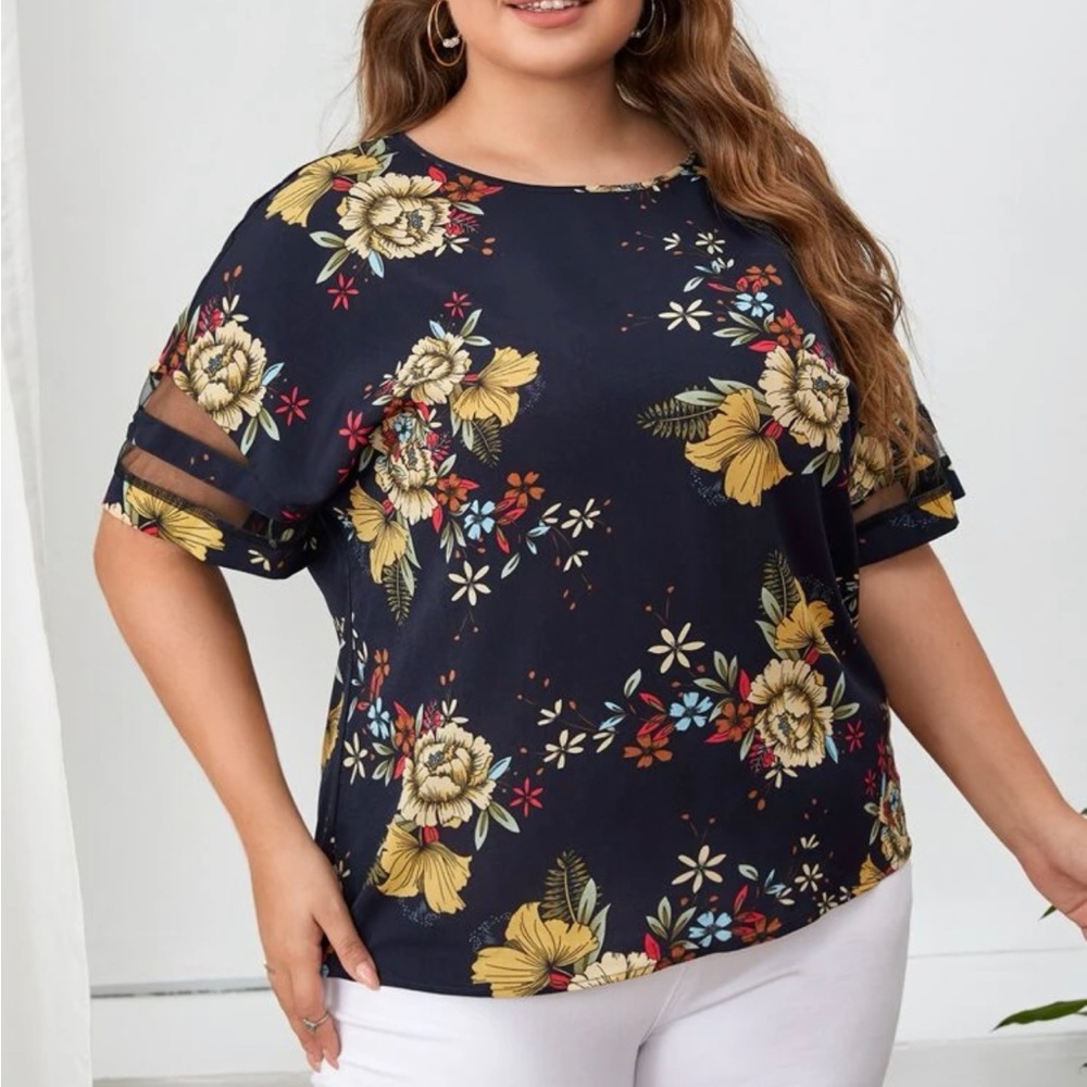 SHEIN Emery Rose Plus Floral Print Mesh Insert Short Sleeve Top